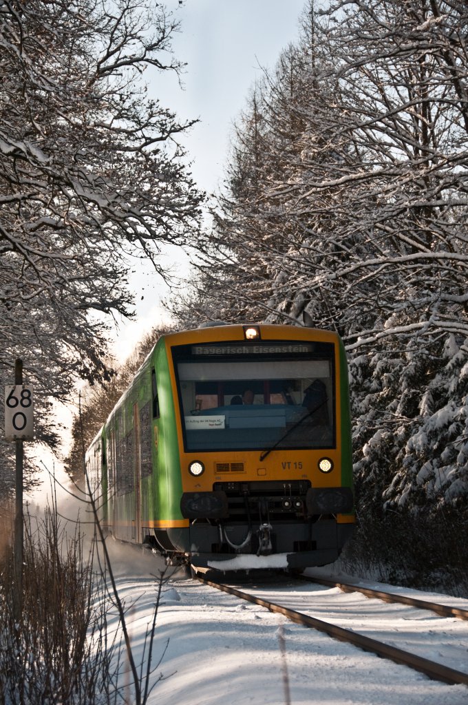 VT 15 und VT 16 als RB 32424 von Plattling nach Bayerische Eisenstein am 30.11.2010 zwischen Pankofen und Deggendorf.