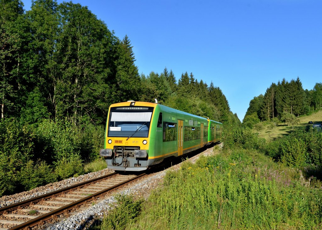 VT 21 + VT 15 der Waldbahn von Bayerisch Eisenstein nach Plattling am 19.08.2012 unterwegs bei Auerbach.