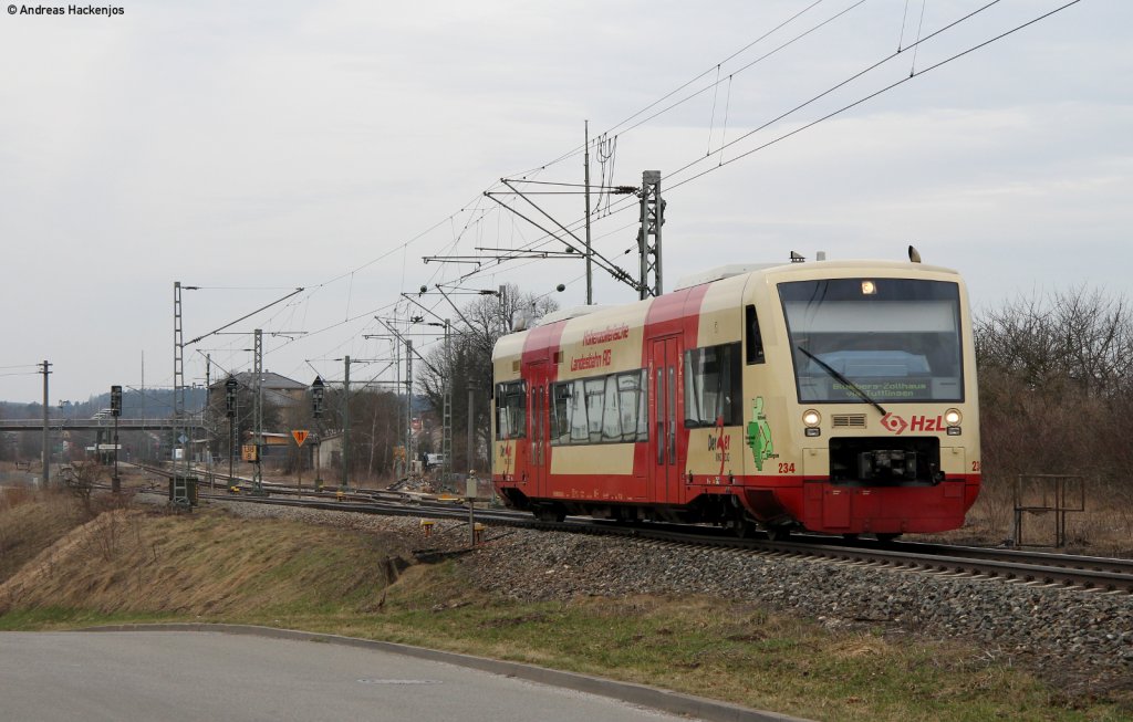 VT 234 der HzL als HzL88085 (Rottweil-Geisingen-Leipferdingen) bei der Ausfahrt Spaichingen 12.3.11