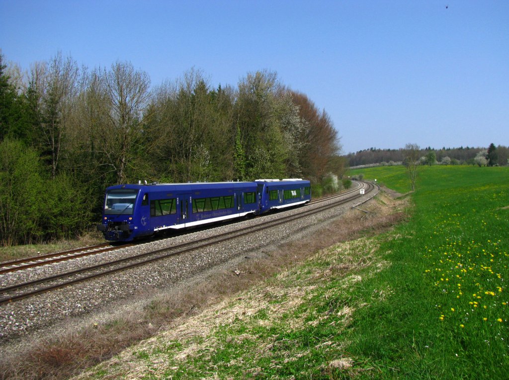 VT 64 ist zusammen mit einem weitern Vertreter der BR 650 unterwegs nach Friedrichshafen Hafen. Die Aufnahme entstand am 24.April 2010 zwischen Oberzell und Meckenbeuren. 