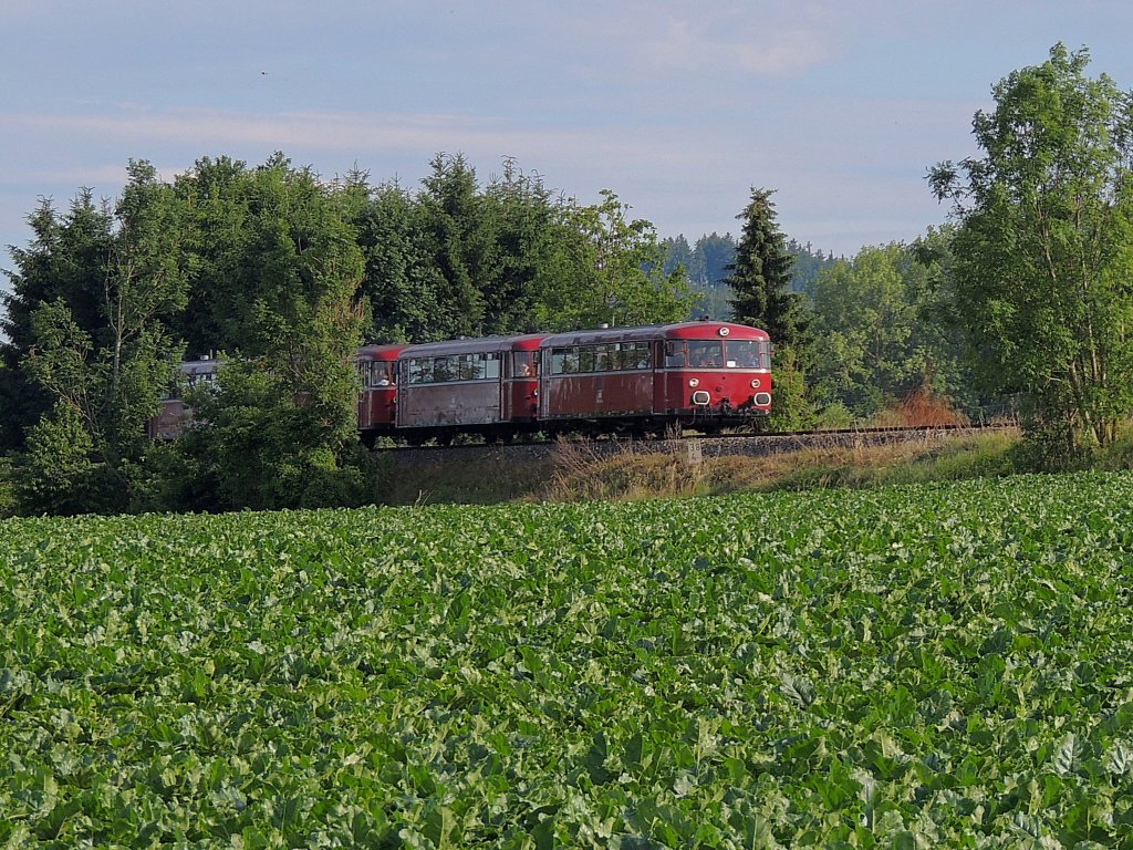 VT98 Triebwagenzug der PassauerEisenbahnFreunde tourt als SR17592 durch den Hausruckwald; 120607