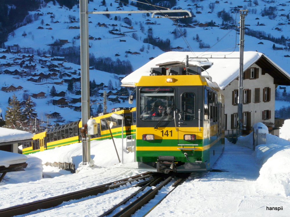 WAB - Triebwagen PANO Beh 4/8 141 und Beh 142 bei der einfahrt im Bahnhof Grindelwald am 26.01.2013