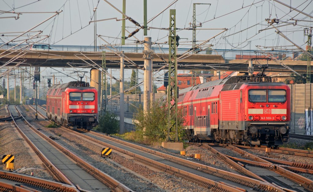 Whrend 143 349 am 03.10.11 ihre RB nach Wittenberg schiebt, schiebt 143 559 ihre RB nach Wittenberg ber Dessau. Fotografiert vom Bahnsteig in Bitterfeld.