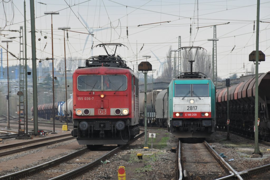Whrend 155 036-7 in Aachen-West rangiert, wartet Cobra-Lok 2817 bereits mit einem Gterzug am Haken auf die Abfahrt in Richtung Belgien. Aufgenommen am 01/04/2011.