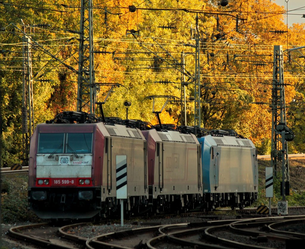 Whrend am 28.10.2011 die drei Loks von Crossrail 185 599-8, 185 593-1 und 185 535-2 schon im Schatten auf dem Abstellgleis in Aachen West stehen, werden im Hintergrund die herbstlich bunten Bume am Streckenrand der Montzenrampe von der Sonne zum Leuchten gebracht.