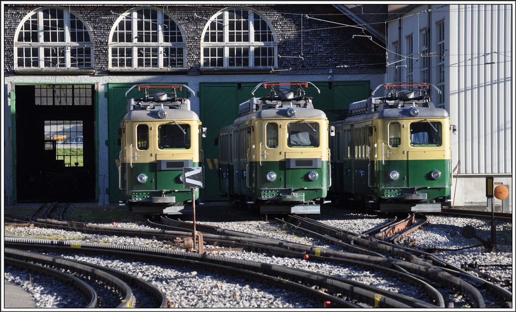 Whrend des Halbstundentaktes, oder bei Grossanlssen wie dem Lauberhornrennen, sind die guten alten BDhe 4/4 aus den fnziger Jahren immer noch unverzichtbar. In Grindelwald Grund warten gleich 3 Exemplare 117,115 und 111 vor dem Lokdepot auf neue Arbeit. (13.11.2012)