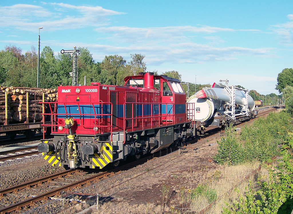 Whrend die MaK G1000BB auf Gleis 1 wartet, fhrt der OHE Er20 mit einen Holzzug auf das dritte Gleis. (07.08.2010)