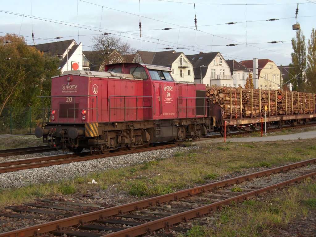 Whrend die WAB-Lok 58 die Schwerstarbeit hatte hatte dagegen die PBSV-Lok 20 leichtes Spiel Sie fuhr nur als Schlulok mit im Holzzug von Rostock Bramow nach Niedergrne.Am 31.Oktober 2009 mute der Zug im Rostocker Hbf einen Halt einlegen.