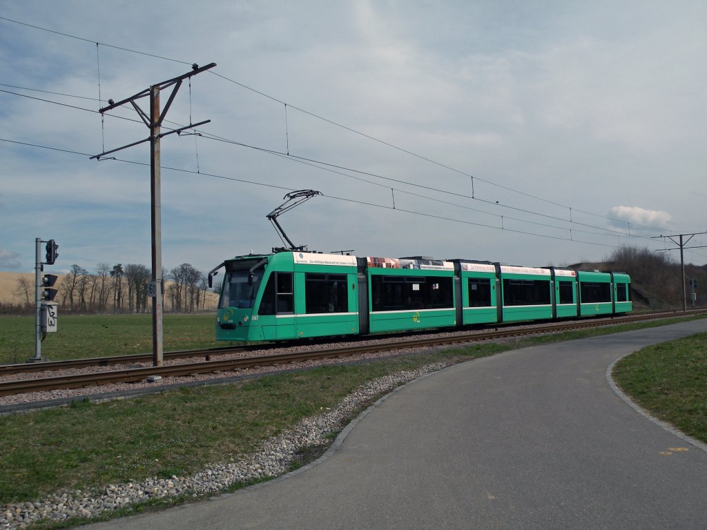 Wrend der Basler Fasnacht sind auf der Linie 14 Combinos im Einsatz. Combino 307 bei der Wartenbergschlaufe Richtung Muttenz. Die Aufnahme stammt vom 14.03.2011.