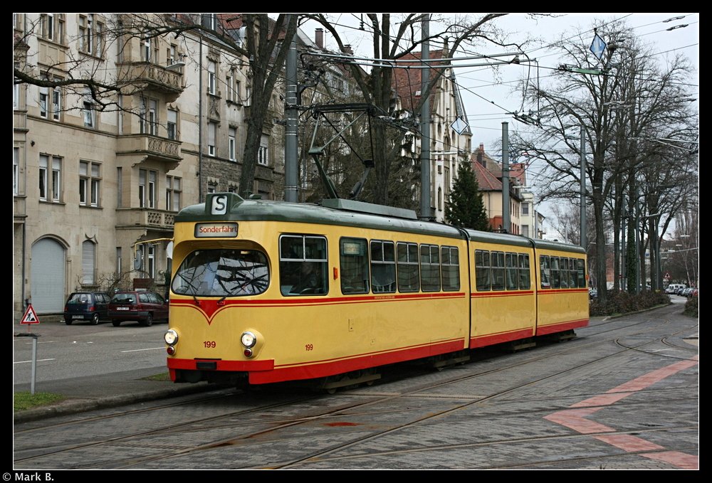 Wagen 199 am Betriebshof Tullastrae. Aufgenommen am 20.03.10 bei einer Sonderfahrt.
