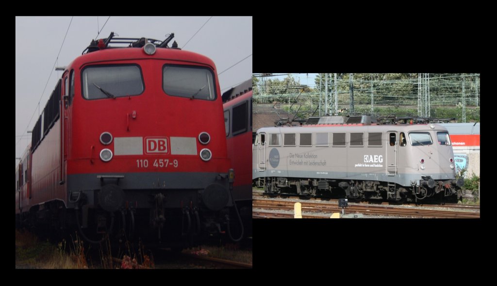 Was fr eine Vernderung. Die 110 457-9 links am 12.06.2010 in Aachen Rothe Erde und rechts die 10er am 09.10.2010 in Kln Bbf aus dem RE9 mit AEG Werbung.