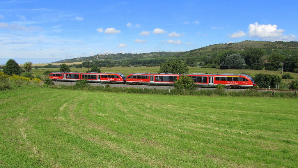 Wegen dem alljhrlichen Winzerfest in Freyburg setzte die Burgenlandbahn an diesem Wochenende wieder Triebzge der BR 672 von der Elbe-Saale-Bahn ein. Hier unterwegs als RB 25974 von Naumburg (S) Ost nach Nebra, am Hohn bei Laucha; 11.09.2010 (Foto von meinem Vater Dieter Thomas)