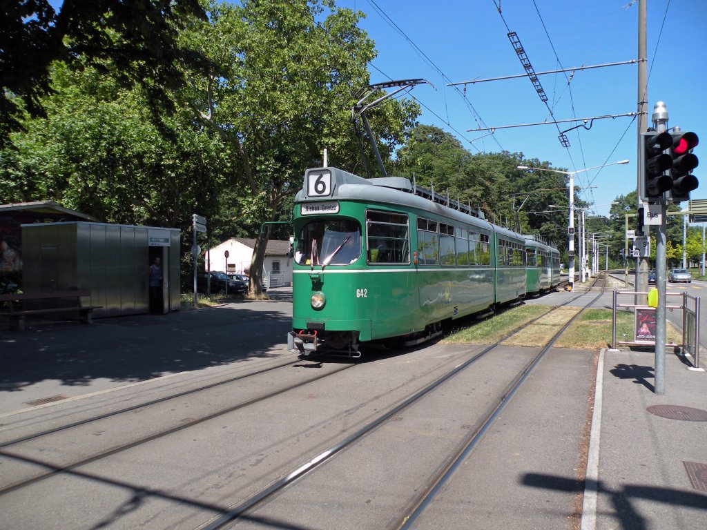 Wegen einer Grossbaustelle Am Messeplatz und am Bad. Bahnhof ist die Linie 6 unterbrochen und muss mit einem Wendemanver am Eglisee gewendet werden. Wieder einmal im Einsatz Dwag 642 am Eglisee. Die aufnahme satmmt vom 07.07.2010.