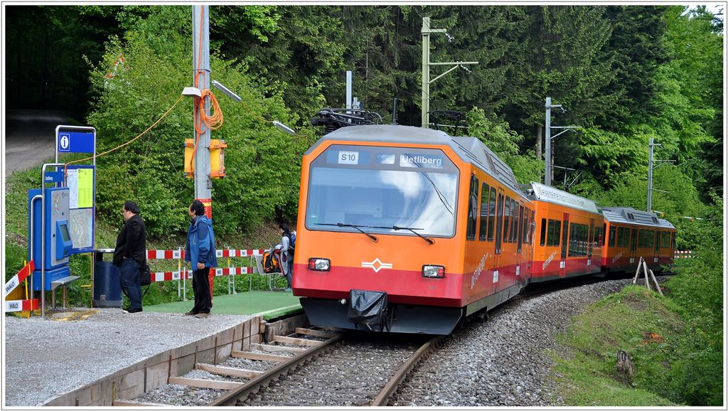 Wegen Neubau der Stationsanlagen auf dem Uetliberg enden die Zge der SZU etwa 500m weiter unten an einem provisorischen Perron. (27.05.2013)