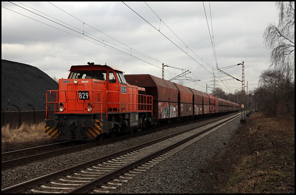 Wieder ein Ganzzug, diesmal brummt Lok 829 (9280 1275 817-5 D-RBH) mit ihrem Zug an der Kokerei Prosper in Richtung Oberhausen vorrber. (24.02.2010)

