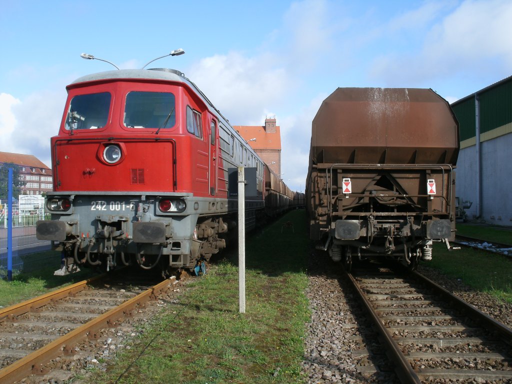 Wieder h�ufig in der alten Heimat anzutreffen ist die ehmalige Stralsunder EKO Trans 242 001.Am 01.September 2012 stand die Lok im Stralsunder Nordhafen die ich durch den Zaun fotografierte.