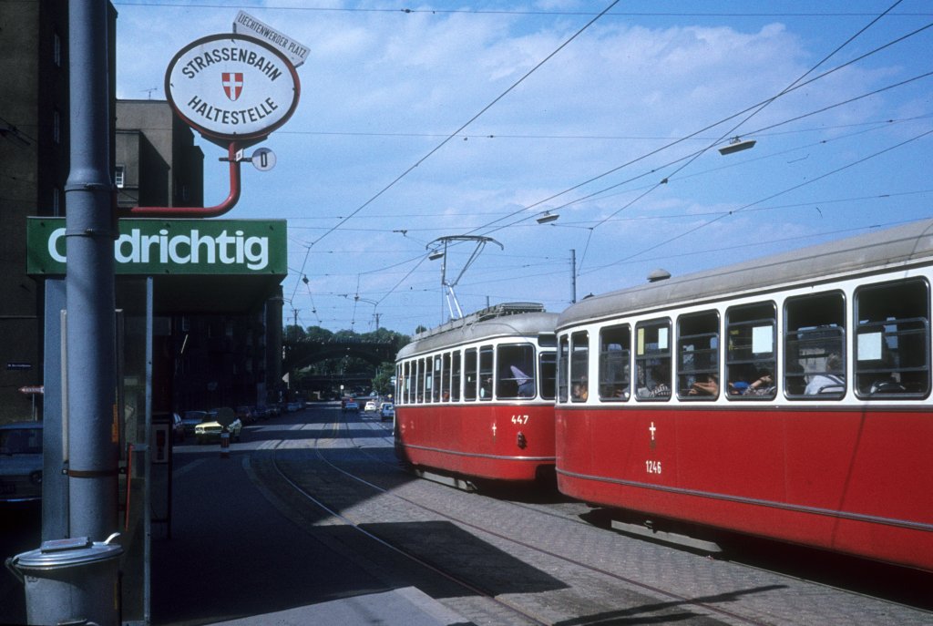 Wien Wiener Stadtwerke-Verkehrsbetriebe (WVB) Straßenbahnhaltestelle Liechtenwerder Platz im Juli 1977: Ein Zug der SL D (T2 447 + c3 1246 (Lohnerwerke 1956 bzw. 1961)) fährt in Richtung Nußdorf. - Scan eines Diapositivs. Kamera: Leica CL 