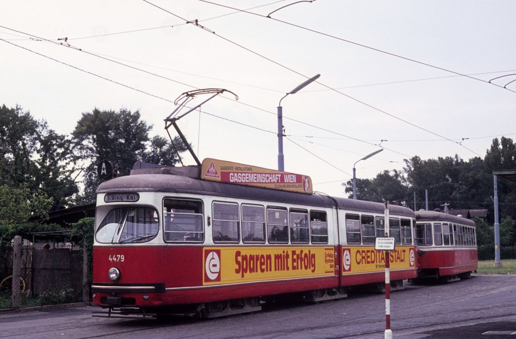 Wien Wiener Statdwerke-Verkehrsbetriebe (WVB) SL A (E1 4479 (Lohnerwerke 1968)) II, Leopoldstadt, Stadlauer Brücke (Endstation) am 17. Juli 1974. - Scan eines Diapositivs. Film: AGFA CT 18. Kamera: Minolta SRT-101.