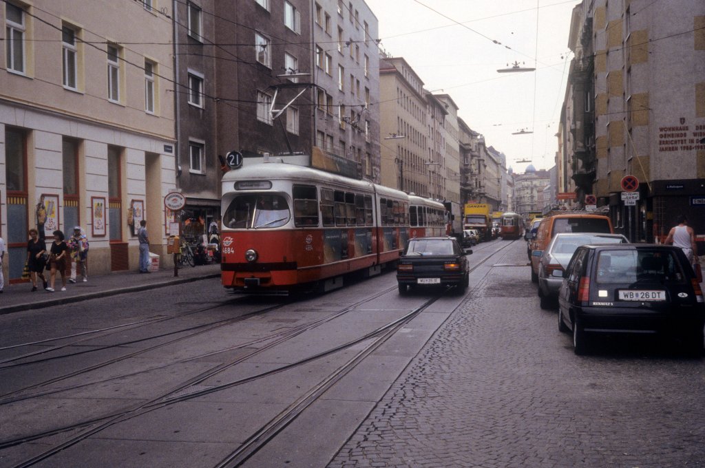 Wien WVB SL 21 (E1 4684) Taborstrasse / Heinestrasse im August 1994.