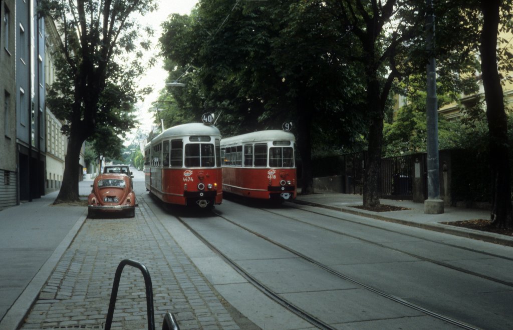 Wien WVB SL 40 (E1 4474) / SL 9 (E 4618) Wallrissstrasse im Juli 1992.