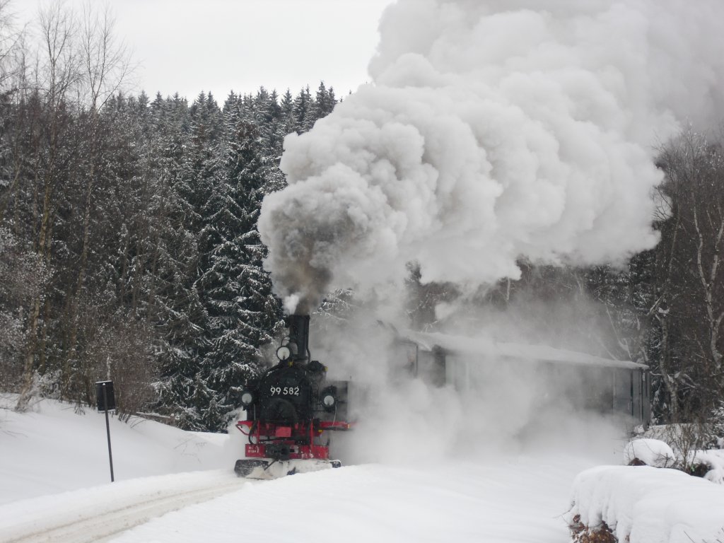 Winterfereiendampf in Schnheide, am 14.02.10. 99 582 ist in der steigung von Neuheide nach Schnheide.