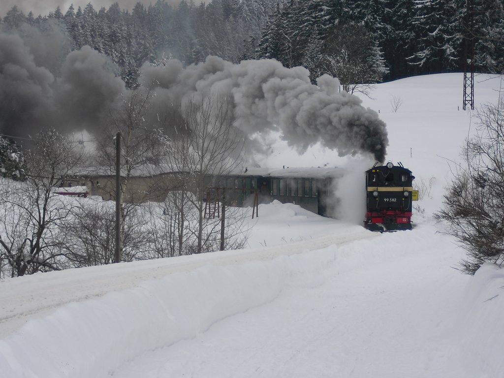 Winterferiendampf in Schnheide, am 14.02.10. 99 582 ist auf dem Weg von Neuheide nach Sttzengrn.