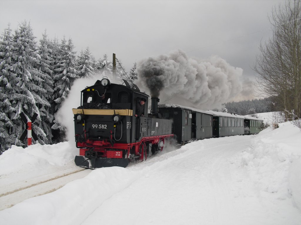 Winterferiendampf in Schnheide, am 14.02.10. 99 582 ist auf dem Weg von Neuheide nach Sttzengrn.