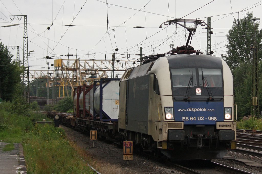 WLB ES 64 U2-068 am 6.7.12 mit einem KLV nach Duisburg-Rheinhausen in Duisburg-Entenfang.
