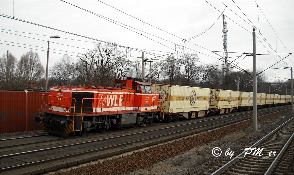 WLE 51 befand sich noch in der Kurve des HGV kurz vor dem Bhf. Rathenow am 12.3.2009
