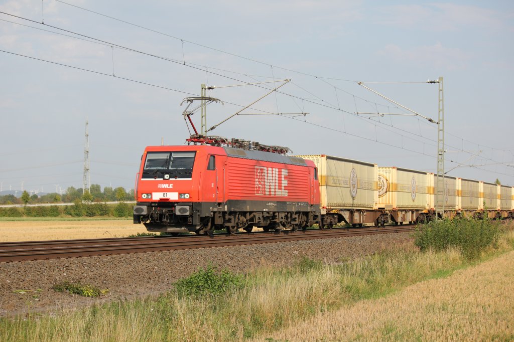 WLE 81(189 801-4) richtung Lippstadt mit dem ber�hmten Warsteiner am Nachmittag des 18/08/2011 durch Paderborn-Elsen
