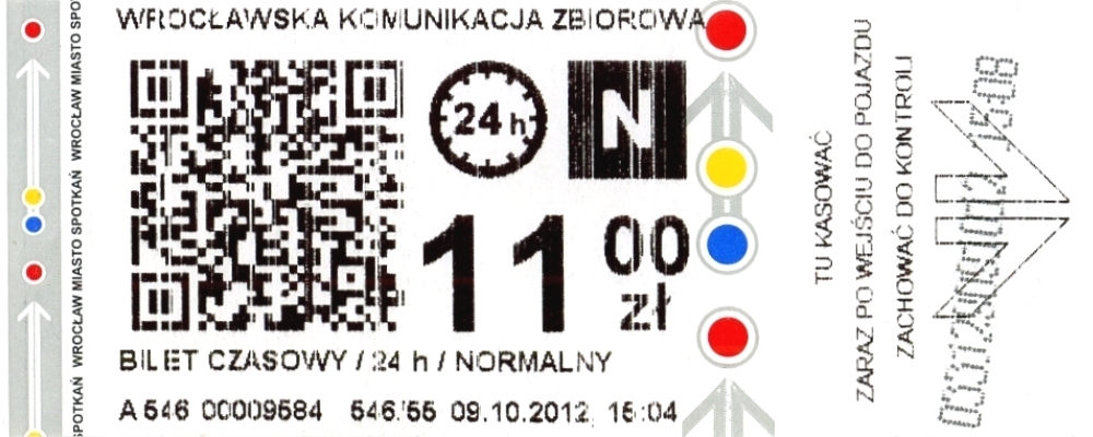 WROCŁAW (Woiwodschaft Niederschlesien), 09.10.2012, Tageskarte für die Straßenbahn (ca. 2,75 EUR) -- Fahrkarte eingescannt