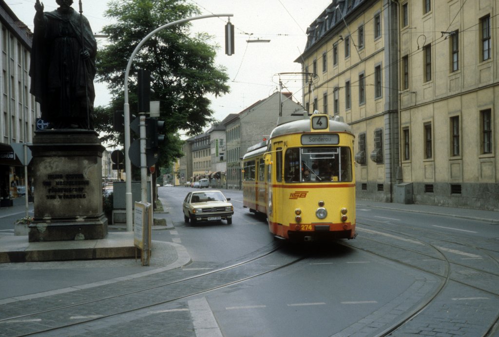 Wrzburg WSB SL 4 (GT6 274) Juliuspromenade / Dominikanerplatz am 22. Juni 1980.