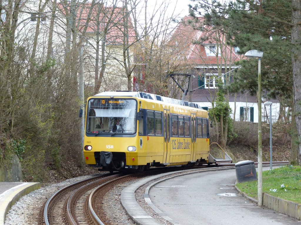 Zackenbahn auf Bergabfahrt Richtung Marienplatz kurz vor der Liststrae. 12.4.2013