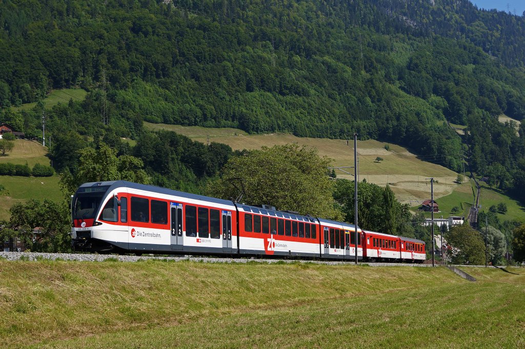 ZB: S 5 Luzern-Giswil mit  Spatz  130 008-6 bei Alpnachstad am 8. Juni 2013.
Foto: Walter Ruetsch 