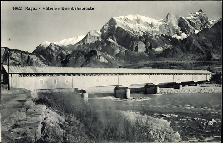 Zeitdokument,Ansichtskarte von der alten h�lzernen Eisenbahnbr�cke �ber den Rhein bei Bad Ragaz um 1909(Sammlung P.Walter)
