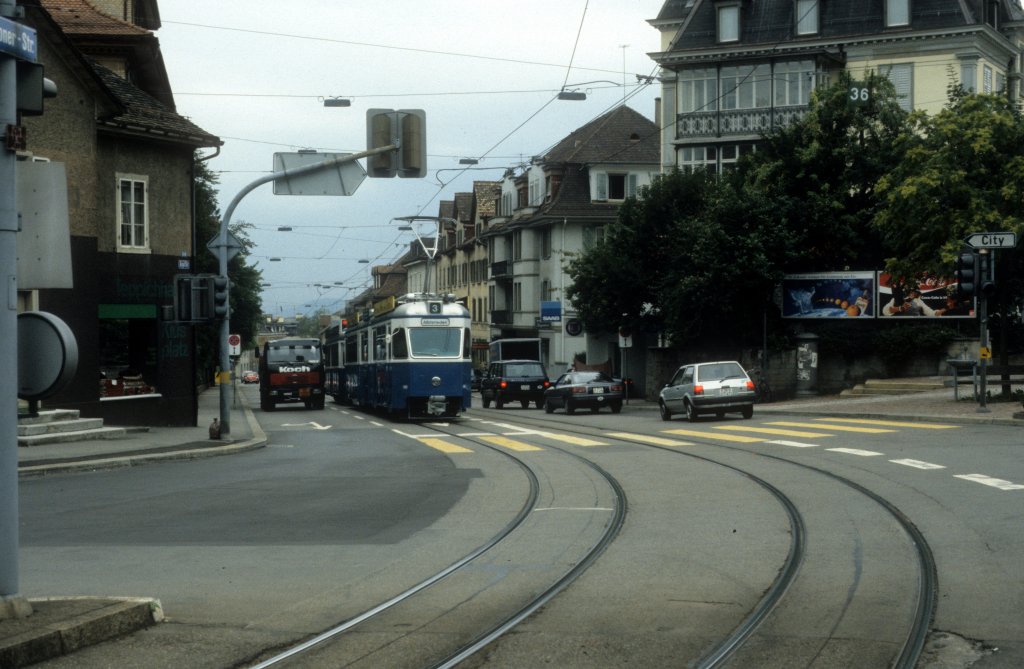 Zrich VBZ Tram 3 (Be 4/6 1603) Asylstrasse / Klusplatz / Witikonerstrasse im August 1986.