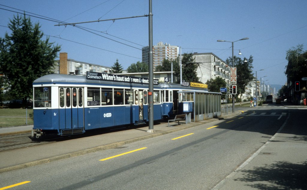 Zrich VBZ Tram 4 (B 770) Bndlistrasse / Bndliweg im Juli 1983.