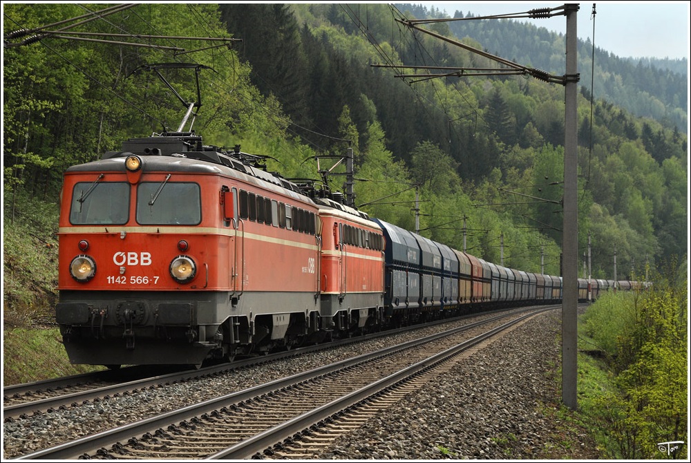 Zu meiner Freude gab es gestern in der Steiermark ein blutorangenes 42er Tandem zu sehen.1142 566 und 1142 682  bespannten den Kohlenleerzug 49046 von Donawitz nach Stadlau.Danke fr´s vormelden :O) 
Niklasdorf 27.4.2011