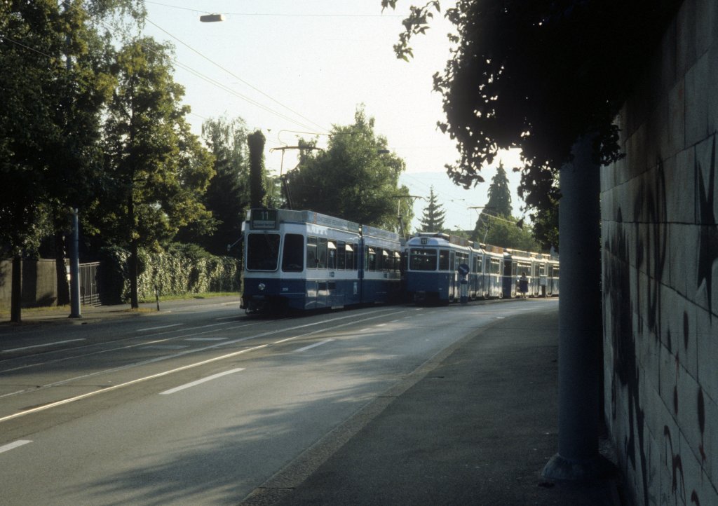 Zrich VBZ Tram 11 (Be 4/6 2036 / Be 4/6 1649 (?)) Forchstrasse im Juli 1983.