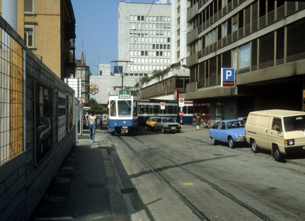 Zrich VBZ Tram 11 (Be 4/6 2019) Oerlikon, Nansenstrasse im Juli 1983.