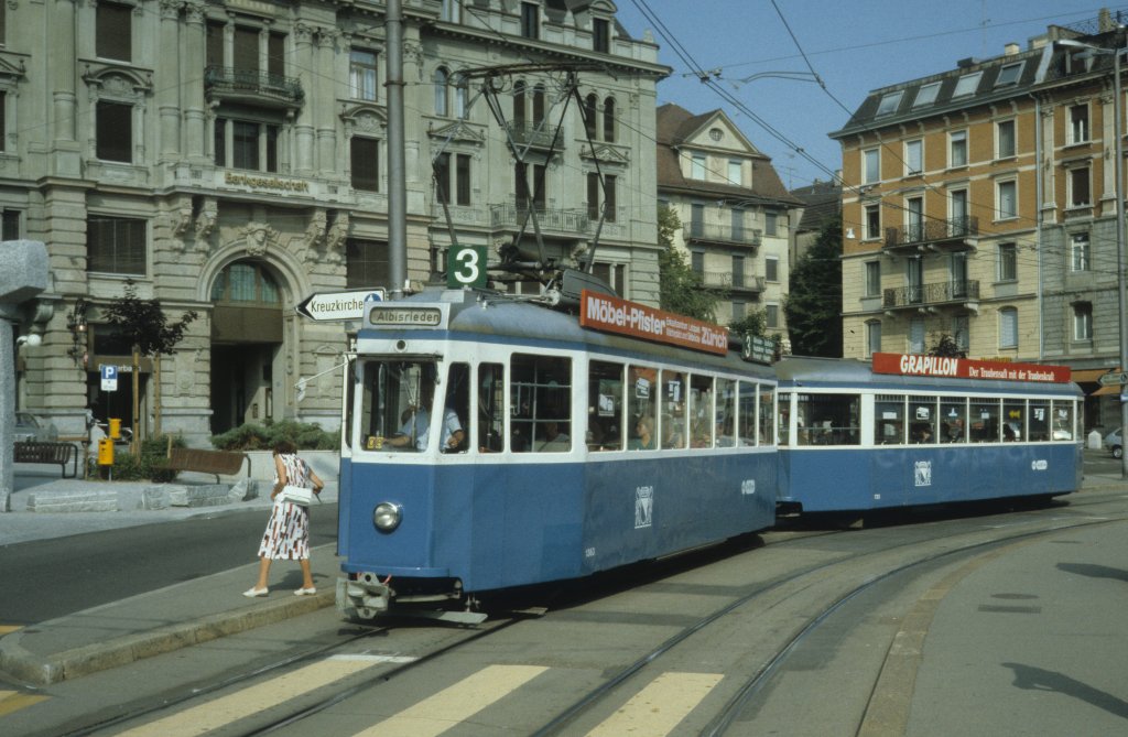 Zrich VBZ Tram 3 (Be 4/4 1363) Rmerhofplatz im Juli 1983.