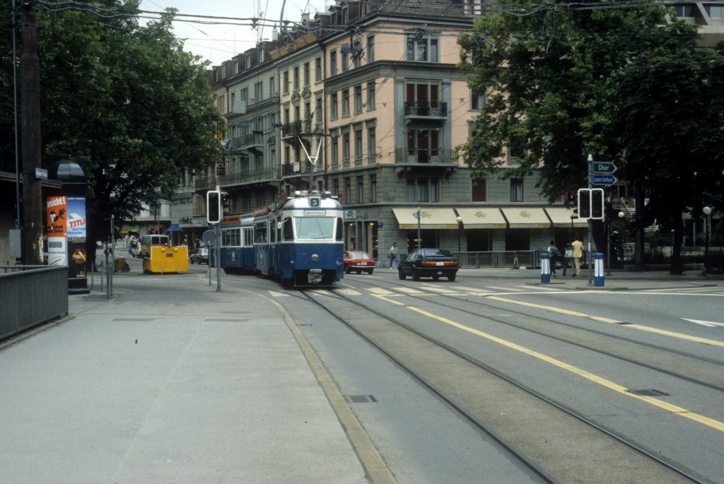 Zrich VBZ Tram 3 (Be 4/6 1634) Gessnerbrcke im August 1986.