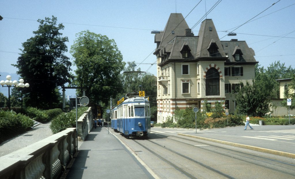 Zrich VBZ Tram 6 (Be 4/4 1382) Tannenstrasse im Juli 1983.