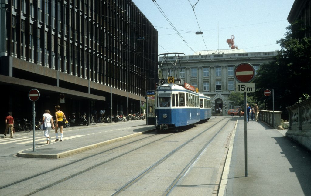 Zrich VBZ Tram 6 (Be 4/4 + B) Tannenstrasse im Juli 1983.