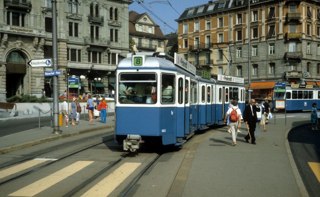 Zrich VBZ Tram 8 (Be 4/6 1653) Rmerhofplatz im Juli 1983.