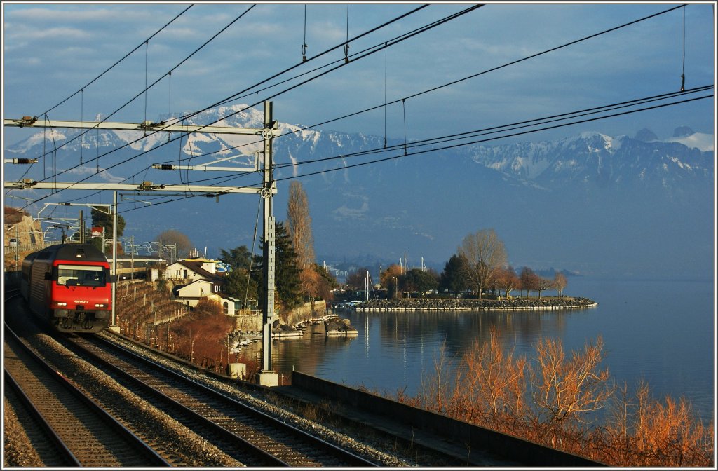 Zug und Landschaft im Schein der langsam untergehenden Sonne am 25.02.2012 bei St.Saphorin.
