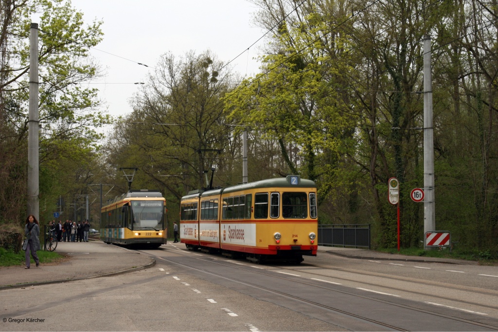 Zugbegegnung auf der Altrheinbrcke in der Hermann-Schneider-Allee, Karlsruhe. TW 214 auf Sonderfahrt begegnet dem TW 222 nach Hauptbahnhof. Aufgenommen am 21.04.2013.