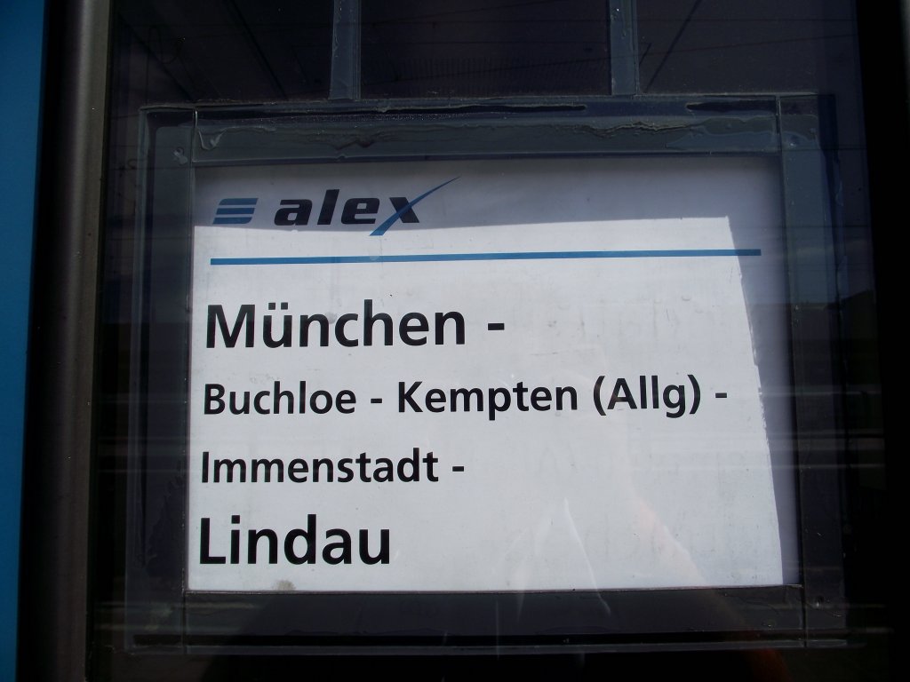 Zuglaufschild des Netinera ALEX am 11.08.11 in Mnchen Hbf 