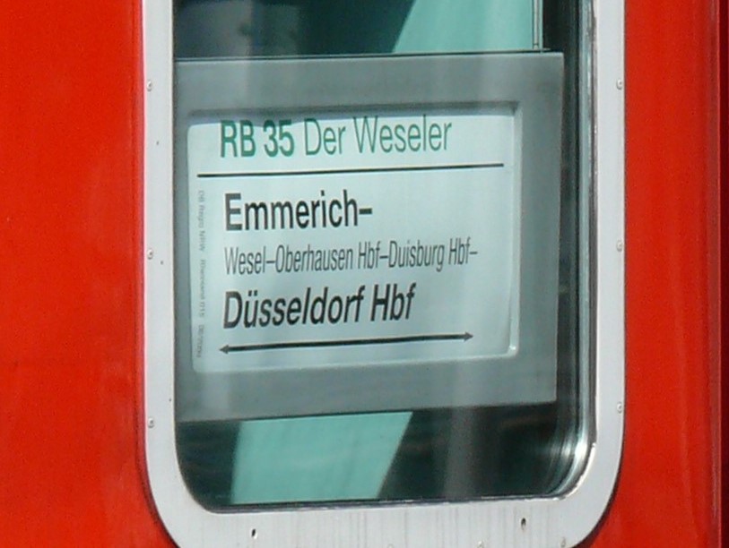 Zuglaufschild der RB 35 Der Weseler. Aufgenommen am 11/09/2010 in Aachen-HBF. 