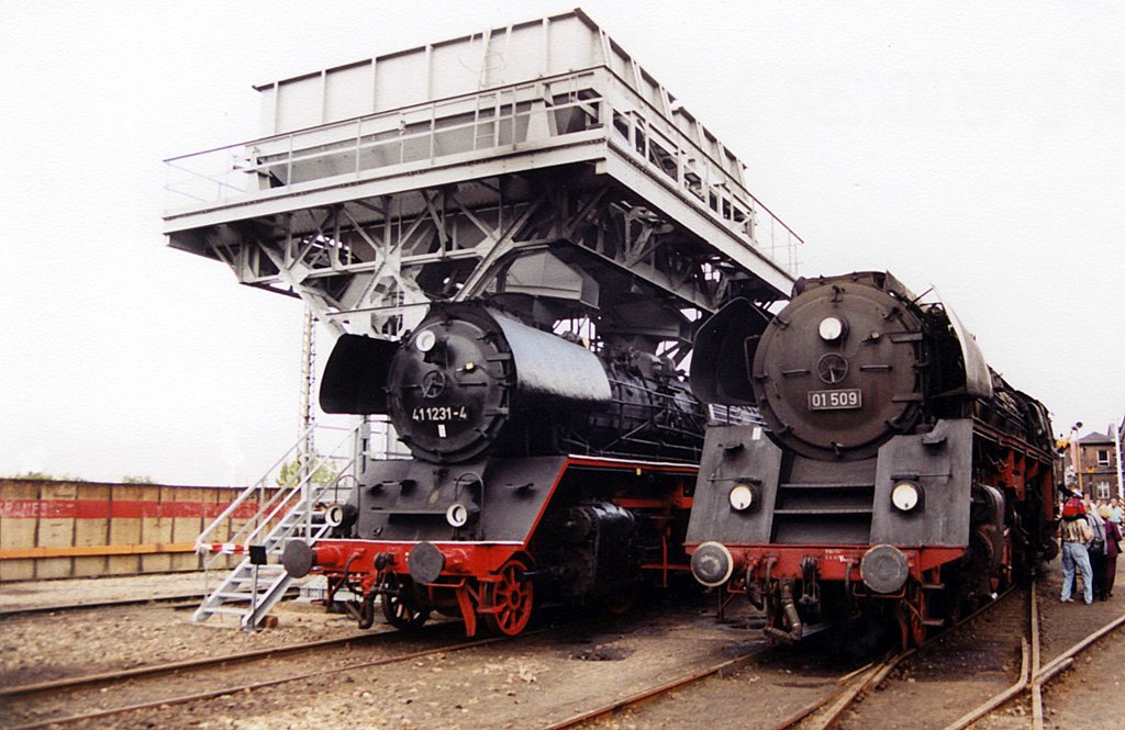 Zum Heizhausfest im August 2000 stehen 41 1231-4 und 01 509 gemeinsam am Kohlehochbunker des SEM in Chemnitz. Zehn Jahre spter macht die 01.5 einen wesentlich gepflegteren Eindruck als zu diesem Zeitpunkt.
